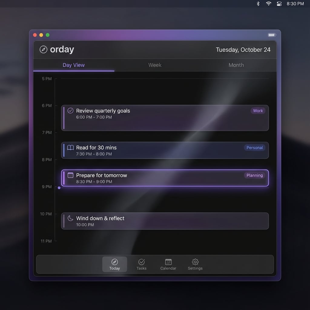 orday app day view showing evening planning